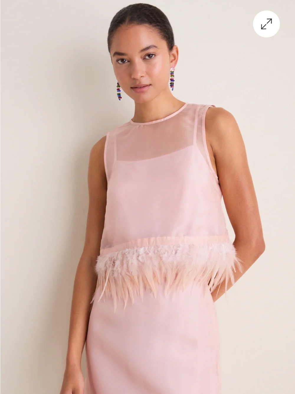 STAUD Pink Sheer Yoke Feather-Trim Sleeveless Camisole
